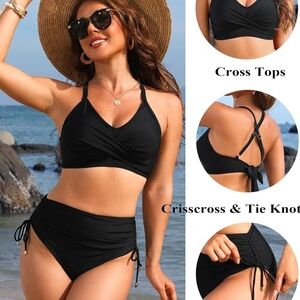 Black High-Waisted Ruched Bikini with Criss-Cross Top